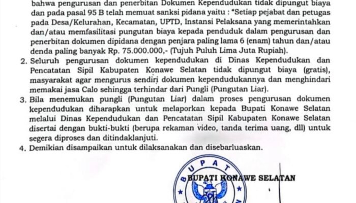 Seluruh Layanan Adminduk di Konsel Gratis !!!! Masyarakat Diminta Laporkan Pelaku Pungli