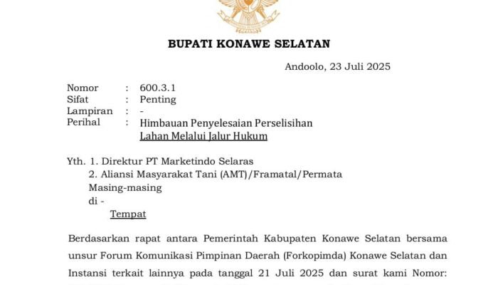 Konflik Lahan di Angata, Bupati Konsel Lebih Awal Keluarkan Imbauan Kedua Belah Pihak Tempuh Jalur Hukum