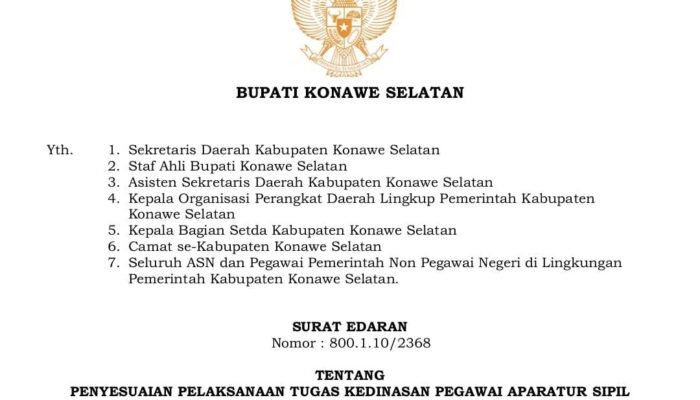 Bupati Konsel Keluarkan Edaran Penyesuaian Pelayanan Publik Selama Libur Hari Raya Nyepi Dan Lebaran